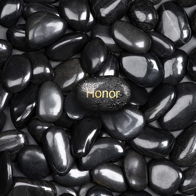 11lbs Polished Black River Rocks,Natural Decorative Stones for Indoor Plants,Vases & Fish Tank,Includes 1 Engraved Inspirational Rock,1-2 Inch Decorative Pebbles for Garden Landscaping