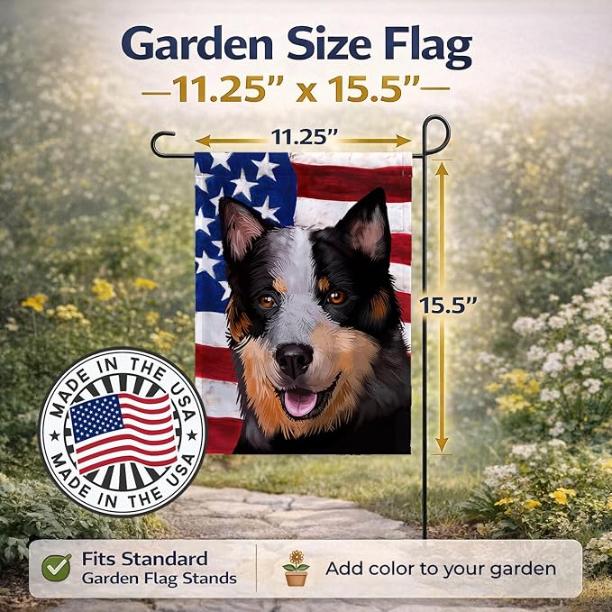 Caroline's Treasures CK6413GF Australian Stumpy Tail Cattle Dog American Flag Garden Flag Mailbox Flag Decorative Yard Flag Banner Outside Patio Artwork Yard Flower Beds, Garden Size, Multicolor