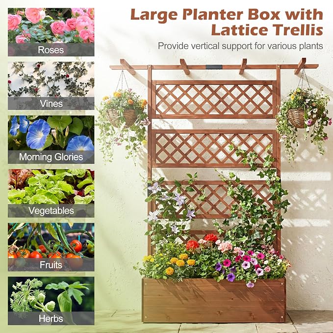 Giantex Raised Garden Bed with Trellis 2 Pack, 72'' Wooden Planter Box Outdoor w/Privacy Screen Roof, Large Vertical Garden Planter w/Drainage Holes for Climbing Plants, Patio Balcony Backyard