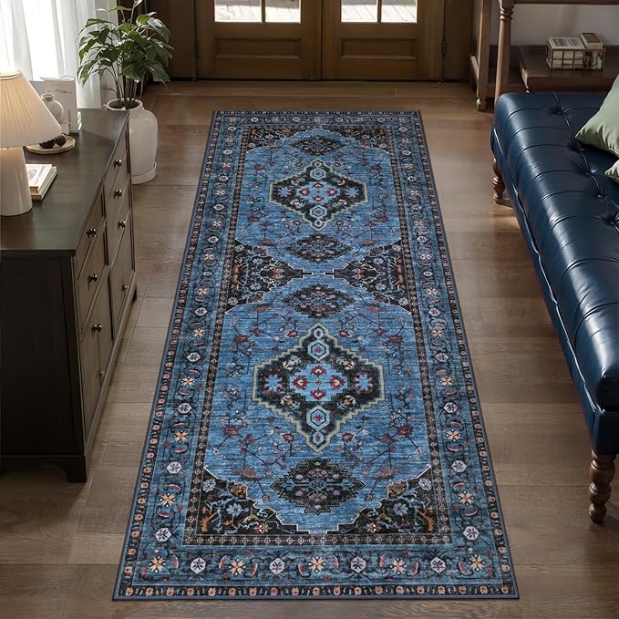 Tangsoo Blue 2x6 Washable Runner Rug for Hallways, Boho Non Slip Runner Rug | Oriental Soft Low Pile Long Rug Runner, Vintage Carpet Runners for Kitchen Bedroom Entryway Bathroom Living Room Blue/Black