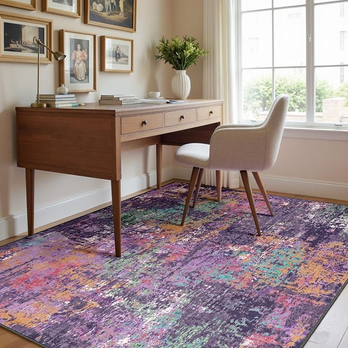 RELEANY Washable Square 8'x8' Area Rug for Living Room Purple Multi | Carpet for Bedroom, Kitchen, Office, Hallway and Entryway, Printed Pattern, Non‑Slip, Soft, Stain‑Resistant, Easy to Clean