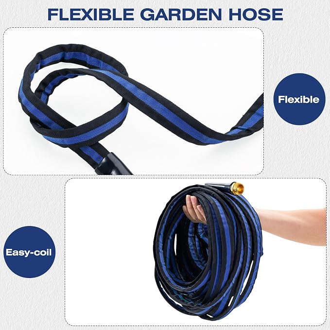 Ultra Lightweight 100FT Garden Hose - Heavy-Duty Kink-Free Flexible Hose, Non-Expanding Design with Aluminum Brass Fittings, Crush-Proof for Yard/Lawn/Outdoor Use(black-blue, 100 FT)