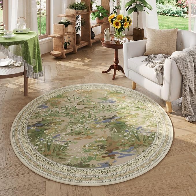 Rugcomf Circle Rug Impressionist-Style Vintage Round Rug 4ft Non Slip Low Pile Small Circular Rug for Bedroom Bathroom Entryway Kids Room Office College Dorm, Beige