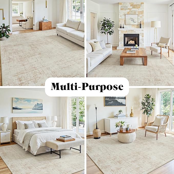 5x7 Washable Area Rug for Living Room Bedroom: Non-Slip Modern Beige White | Machine Washable TPR Backing, Stain-Resistant Low Pile, Pet & Kid Friendly, Abstract Decor for Dining Room, Dorm, Home Office