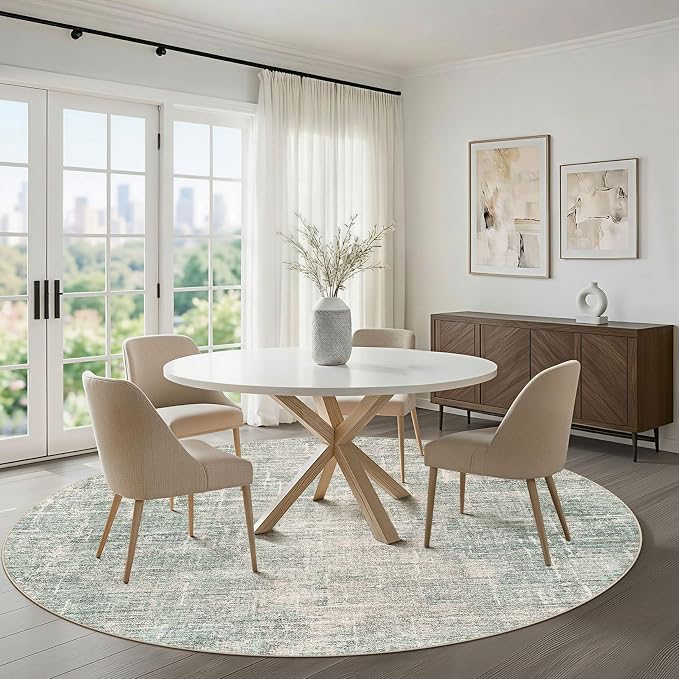 LOONGRUG Round Rug 8x8 Washable Neutral Modern Rug for Living Room Green | Circle Large Abstract Soft Stain Resistant Indoor Non-Slip Carpet for Bedroom Nursery Kids Office Dining Room