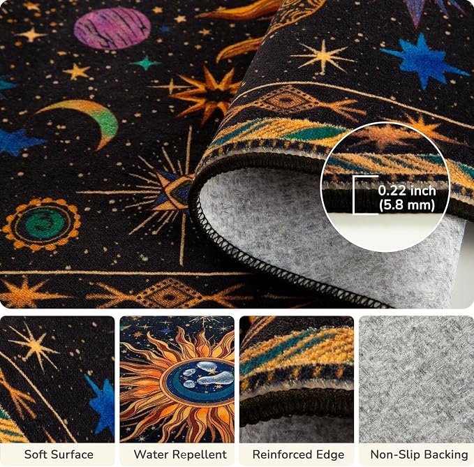 Vacuum-Friendly, 5x7 Washable Area Rug, Black Purple Gold | Sun and Moon Boho Gothic Non-Slip Low Pile Living Roon Bedroom Dining Room Kitchen Entry Entryway Entrance Hallway Doormat