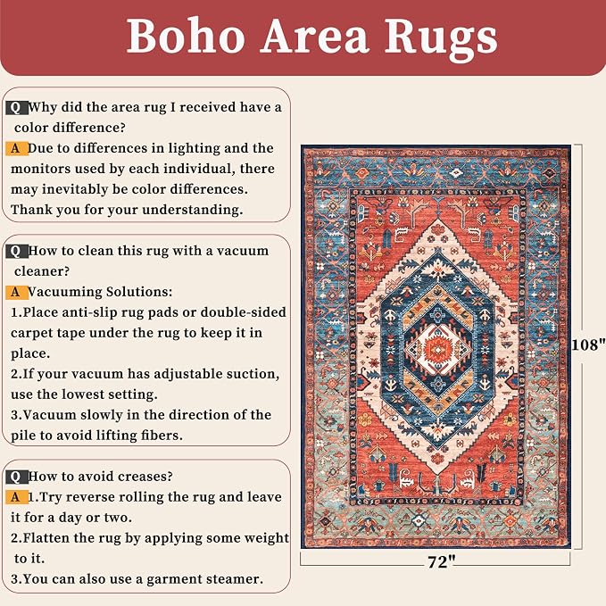 SERISSA 6x9 Washable Non Slip Boho Area Rug for Living Room，Rust | Ultra Soft Vintage Oriental Carpet Low-Pile Distressed Tribal Throw Carpet for Dining Room Bedroom Dorm Office Home Decor