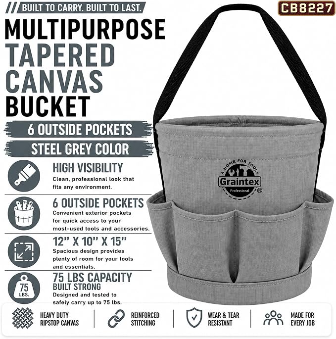 Graintex Tapered Canvas Bucket 12"x10"x15", Utility Tool Bucket 6 Pockets Outside, Reinforced Base & Carry Handle, Ripstop Canvas, Multi-Purpose Bag for Jobsite & Home Use (Steel Grey)
