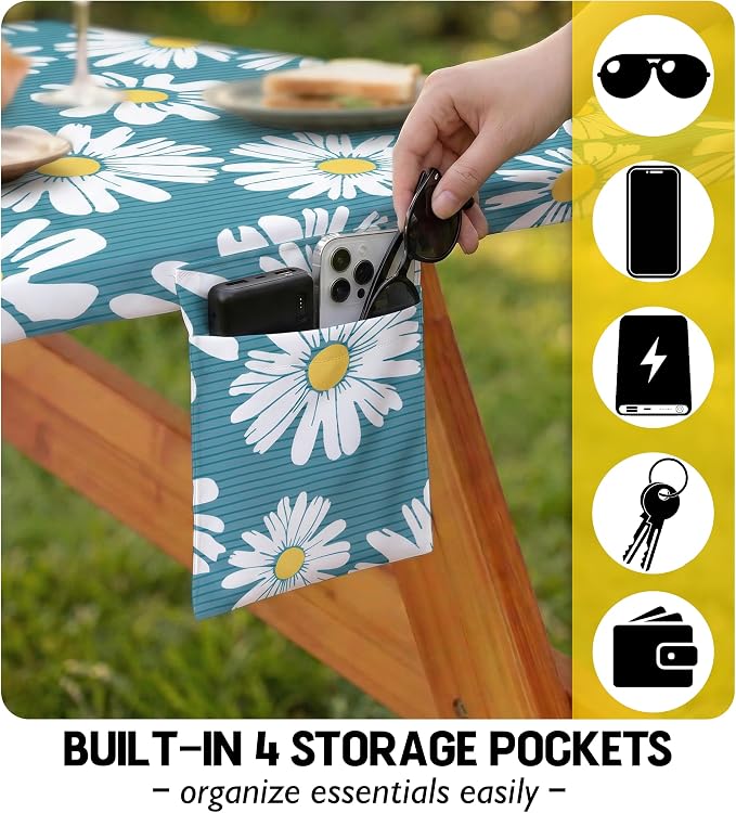 Picnic Table Cover with Bench Covers Tablecloth Glamping Essentials Travel Vacation Table Cloth Outdoor Cool Unique Fun Ideas Gifts for Camper Camping Lovers RV Owner Family Couple Women Female Mom