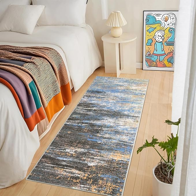 ROYHOME Washable Runner Rug 2x6 Modern Abstract Kitchen Rugs, Blue/Brown | Non Slip Bathroom Rug, Low Pile Laundry Room Soft Long Carpet for Hallway Bedroom Entryway