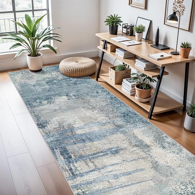 3x10 Abstract Modern Extra Long Runner:Non Slip Washable Rug Blue | Indoor Hallway Carpet for Long Entryways, Kitchen, Bedroom - Soft Thin Low Pile Floor Runners for High Traffic Areas