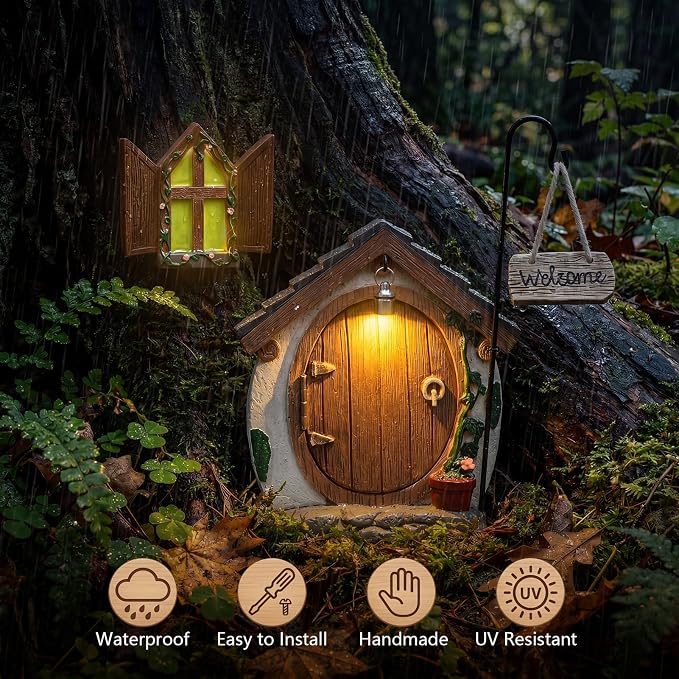 Fairy Doors for Trees with Light, Fairy Garden Accessories for Outdoor Decor, Fairy Garden Houses Kit for Front Porch Patio Backyard Yard Outside Decoration, Birthday Gifts for Women Families Friends