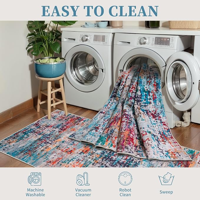 Tangsoo Abstract 2.6x10 Washable Runner Rug for Hallway,Runner Rug Non Slip | Modern Soft Low Pile Long Hallway Rug Runner, Contemporary Carpet Runners for Kitchen Bedroom Living Room Gray Multi Decor