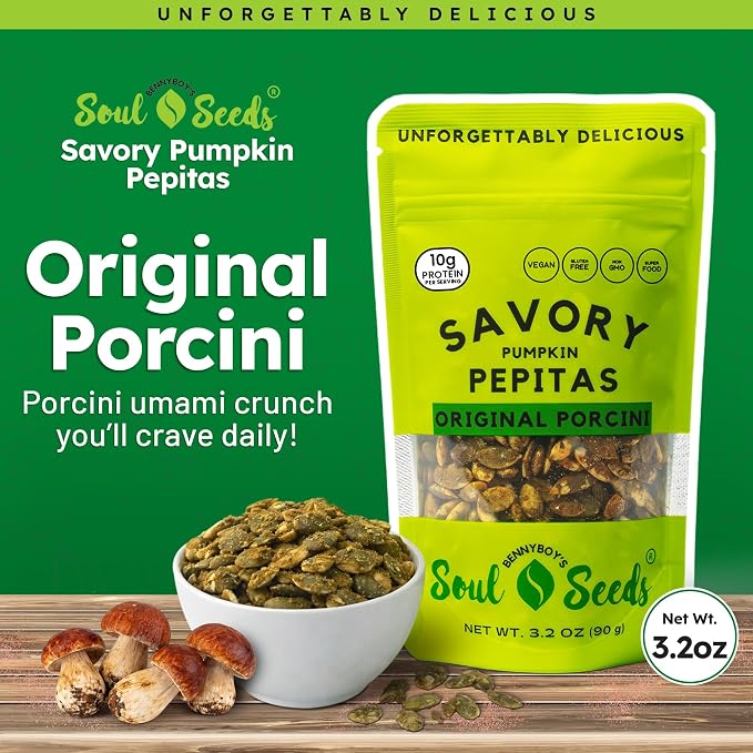 Soul Seeds Original Porcini Pumpkin Seeds – Organic Roasted Pepitas with Porcini Mushroom, Nutritional Yeast & Himalayan Salt, Savory Umami Vegan Snack, Crunchy Seed Topping, 3.2 oz