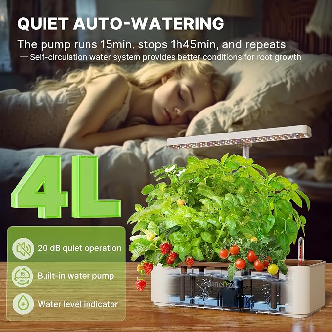 SUNCOZE Hydroponics Growing System, Compact 12 Pods Indoor Garden, Beige | 24W LED Dimmable Grow Light, 4L Water Tank with Quiet Pump, Adjustable Height Herb Garden Planter Indoor Kit, Gardening Gifts