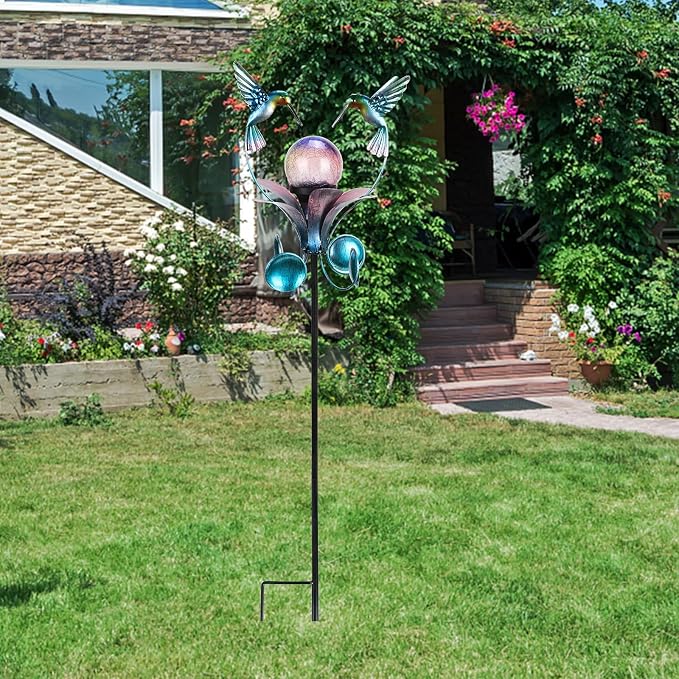 Decorative Solar Outdoor Light, Hummingbird Glass Globe Stake For Lawn Yard | Solar Hummingbird Lights With Wind Spinner Design, Crackle Glass Globe, Auto On/Off For Garden, Lawn, Yard