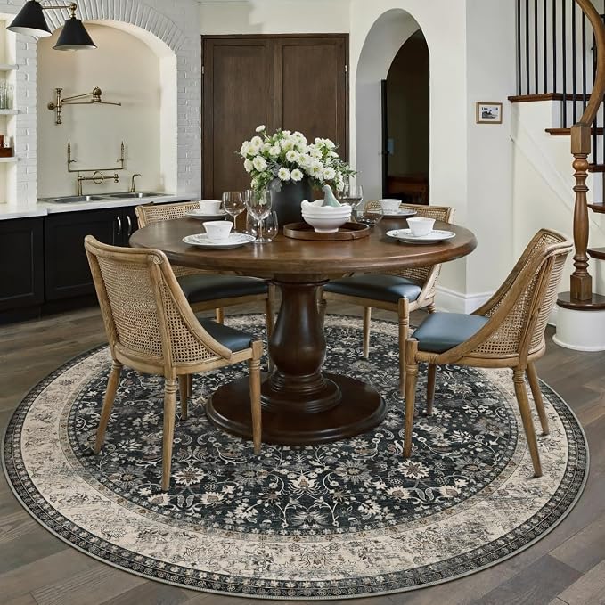 HUGEAR Round Rug 5ft Entryway Rugs Machine Washable Black Beige Hallway Area Rug 5x5 Small Circle Accent Rug Floral Low Pile Carpet Soft Throw Rug Living Room Office Laundry Room Entrance Non Slip