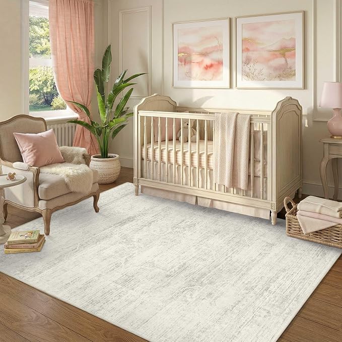 Latte&Fog Ivory 4x6 Area Rug Vintage Washable Small Neutral Rug for Laundry | Non Slip Low Pile Soft Floral Cute Carpet for Dining Kitchen Kids Playroom Nursery Guest Room Classroom Dorm Farmhouse Office
