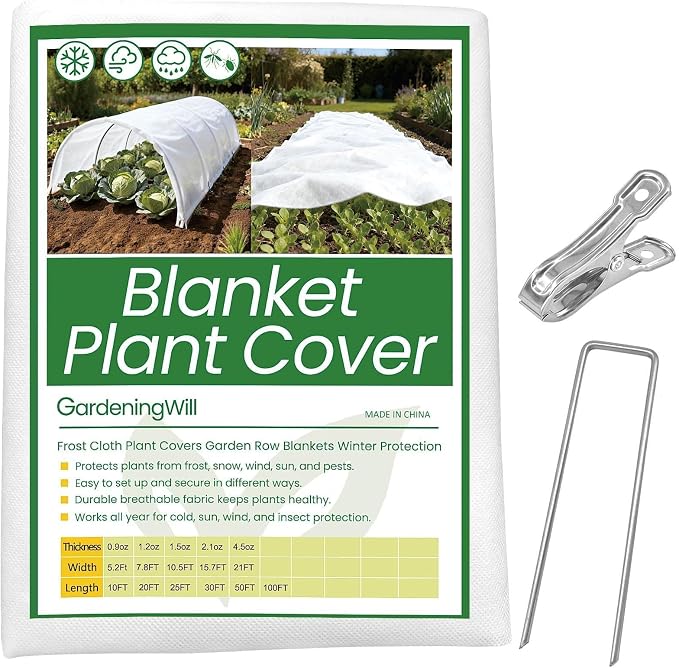 5.2Ft x 30ft Frost Protection Plant Cover – 1.2 oz/yd² Garden Freeze Blanket with Clips & Ground Stakes for Outdoor Winter Plant Protection, Reusable Floating Row Cover for Garden Vegetables