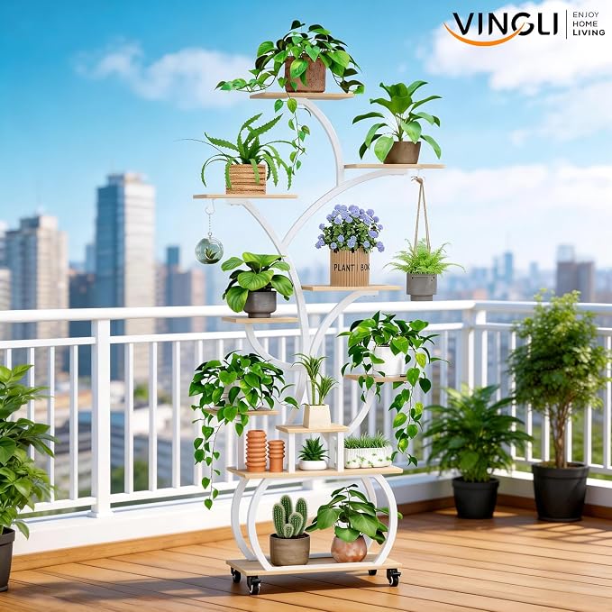 Plant Stand with Grow Lights 2-Pack, 61" Tall Indoor Plant Shelf with Multi-Color Full Spectrum LED Grow Lights and 360° Lockable Wheels, 10-Tier Tree-Shaped Decorative Plant Rack Set of 2, for Living Room, Balcony & Office, White and Oak