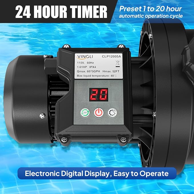 VINGLI 1.5 HP 6075 GPH Pool Pump, 110V Single Speed Self Priming Swimming Pool Pump, Powerful Copper Motor Water Circulation Pump with Filter Basket for Above Ground Pools Spas, US Plug