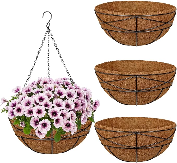 4 Pack 14 inch Metal Hanging Baskets for Plants Outdoor Metal Wire Hanging Basket Planter with Coco Fiber Liners Flower Pots for Home Porch Garden Patio, Diamond-Shaped