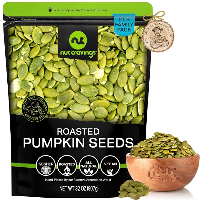 NUT CRAVINGS - Roasted & Unsalted Pumpkin Seeds, Pepitas, No Shell (32oz - 2 LB) Packed Fresh in Resealable Bag - Nut Snack - Food Assortments