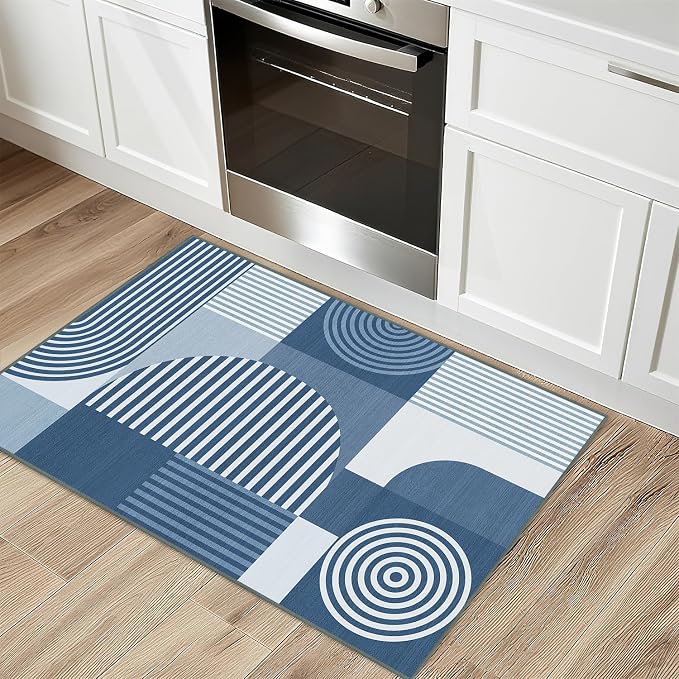 Blue Geometric Rug 2x3 for Entryway Machine Washable Mid Century Modern Rug Non Slip Low Pile Minimalist Line Rugs Door Indoor Mat Carpet for Bathroom Bedroom Kitchen Laundry,Blue