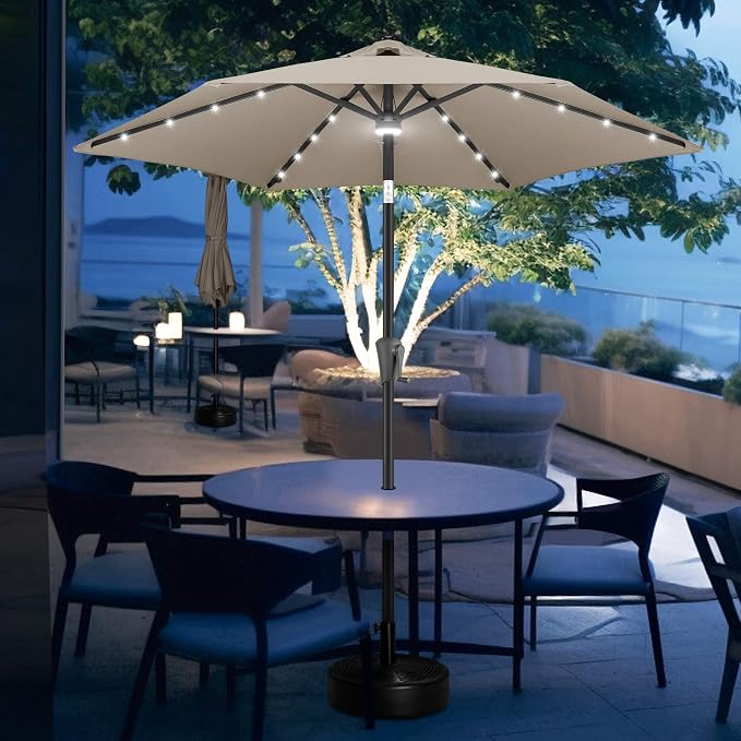 FLAME&SHADE 7.5 FT Solar Light Patio Umbrella, 24 LED Lights Outdoor Umbrella with Centre Surround Light, Table Umbrella Outdoor Patio for Deck, Pool, Backyard, Garden, UV Protection (Taupe)