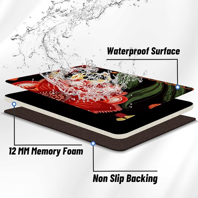 Tyrot Black Boho Floral Long Kitchen Mats Rugs Sets of 2 Cushioned Anti Fatigue Floor Mat Comfort Kitchen Rugs Farmhouse Style Non Slip Waterproof Mid Century Botanical Standing Mat for Sink Laundry