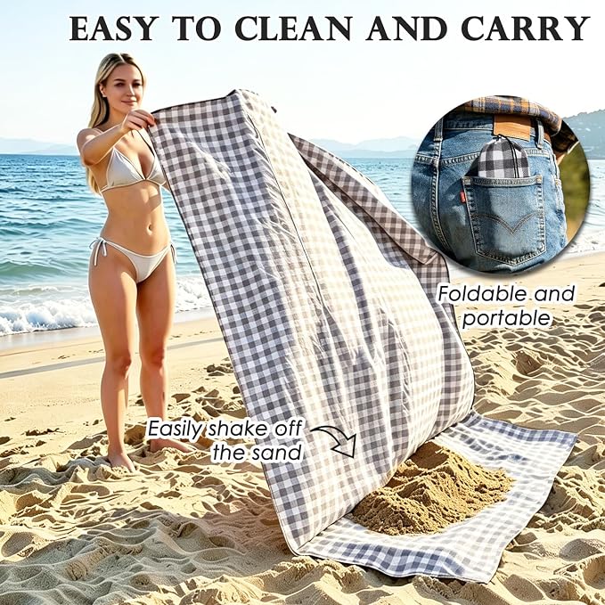 Fammart Pocket Picnic Blanket Sandproof Waterproof, Portable Lightweight Camping Tarp, Quick Dry Foldable Compact Beach Mat with Corner Pockets & Stakes for Festivals Hiking Outdoor Essentials