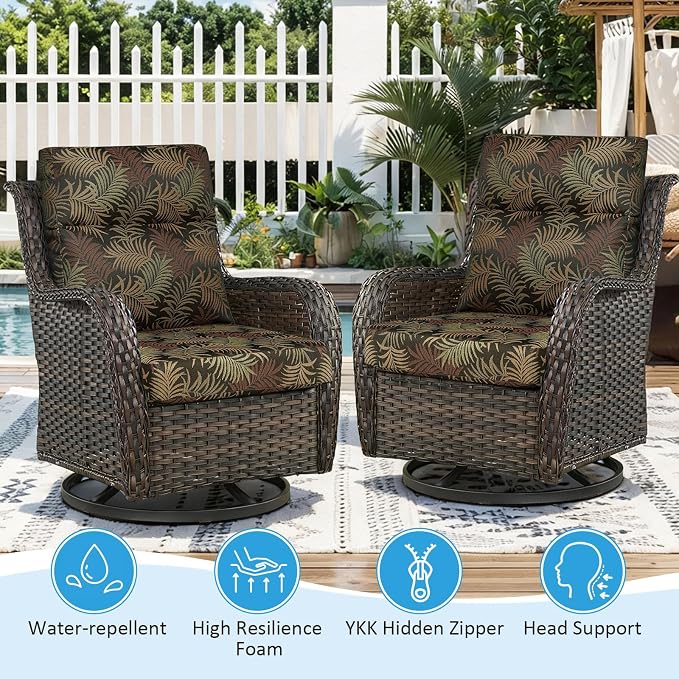 Outdoor Patio Chair Cushions 44x21x3.5 inch, Set of 2 Thicken Comfy Cushions for Rocker Non Slip Fade Shield Water Repellent High Back with Ties, Bamboo Leaf Jacquard