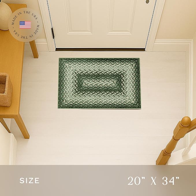 Maples Rugs Marion Bohemian Braided-Style Print Area Rug – Made in USA – Washable, Non-Slip Low-Profile Indoor Throw Rug for Foyer, Kitchen & Bathroom, 34" x 20", Green