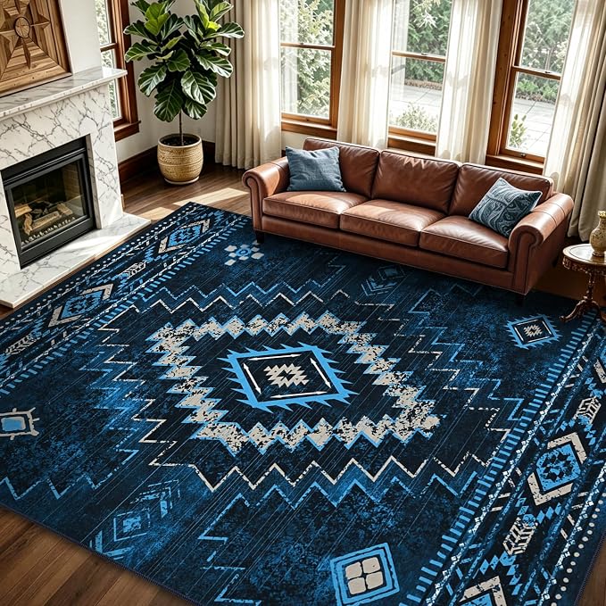 Yinhua Western 9x12 Area Rug for Living Room, Aztec Washable Rugs Non-Slip | Navy Blue Large Rug Low-Pile, Soft Non-Shedding Carpet for Dining Room Nursery Office