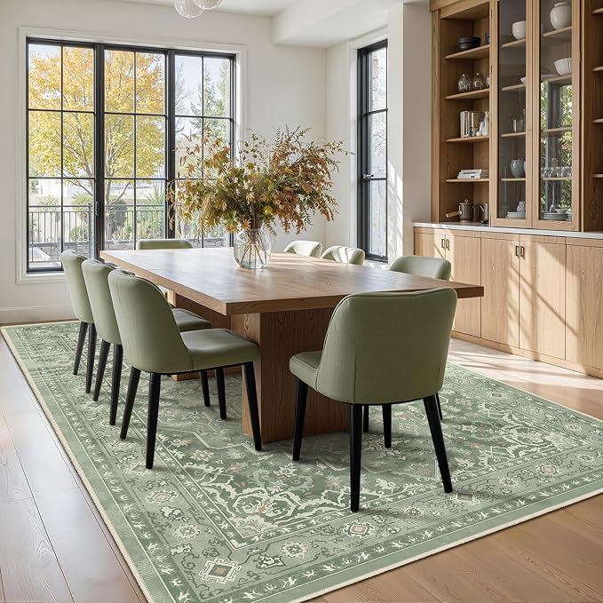 Sage Green Living Room Rug 6x9, Washable Non Slip Rug for Dining Room Under Table, Modern Vintage Medallion Low Pile Thin Carpet Rugs for Bedroom Den Home Office, Cozy Cottagecore Soft Green
