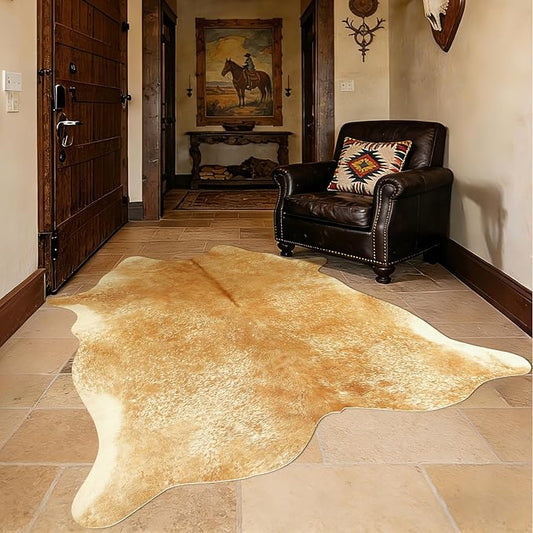 3x4Ft Beige Faux Cowhide Rug - Washable Non Slip Western Rustic Area Rugs for Living Room Bedroom, Small Cow Print Accent Rug, Layering Throw for Office Desk, Vintage Farmhouse Decor