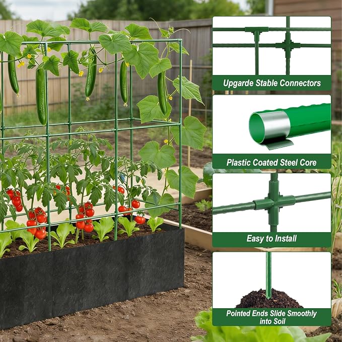 51x17x65Inch Tomato Cage for Garden - with 46 Gallon Grow Bags | Tomato Trellis for Raised Bed, Squar Garden Trellis for Climbing Plants Outdoor, for Cucumber, Vegetable, Pea, Grape, Vine