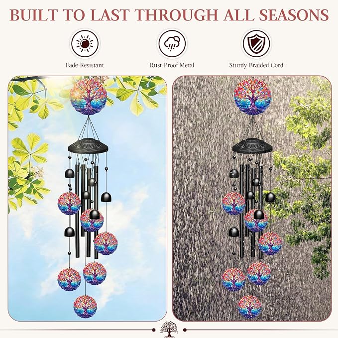 Tree of Life Wind Chimes for Outside,Soft Tone Metal Windchimes with Bells, Colorful Family Tree Decor for Garden Yard Patio,Memorial Sympathy Gifts for Women Mom in Gift Box