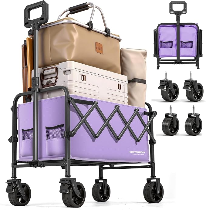 Collapsible Folding Wagon Cart, Heavy Duty Utility Wagons with Wheels,Portable Utility Cart for Camping,Garden,Beach,Sports Purple