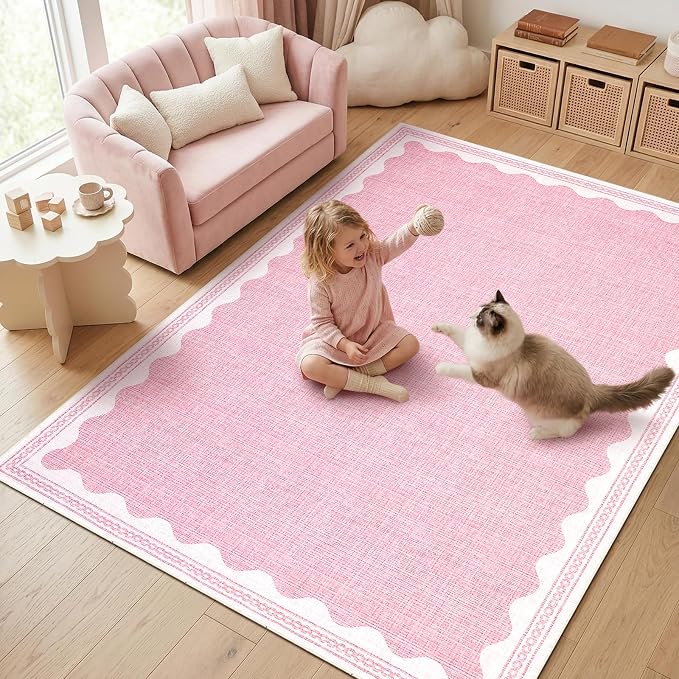 GarveeHome 4x6 Rug Non-Slip Washable Low-Pile Carpet - Scalloped Solid Pink Modern Minimalism Rugs for Bedroom Living Room Nursery Kitchen Entryway Indoor Mat with Rubber Back