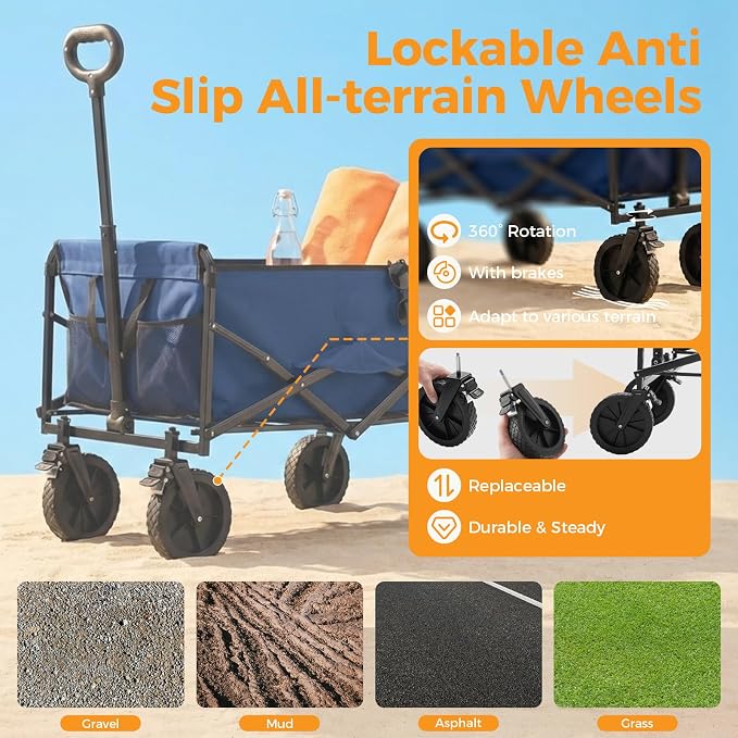 NEWBULIG Collapsible Wagon Cart, 102L Standard, Portable Heavy Duty Pull Cart with Lockable Wheels, 330 lbs Capacity, Adjustable Handle for Beach, Sports, Camping, Shopping & Garden, Blue