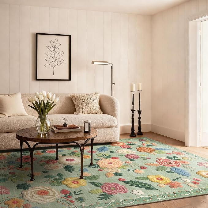5x7 Area Rugs for Living Room: Washable Bedroom Rug Non Slip Low Pile Soft Faux Wool Non Shedding Lightweight Distressed Vintage Green Floral Large Carpet for Dining Room Entryway Farmhouse Office