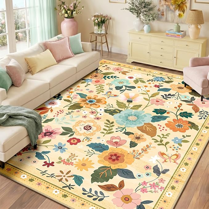 RELEANY Floral Washable 9x12 Area Rugs Yellow/Orange | Flower Carpet, Print, Boho, Non-Slip, Easy to Clean, Soft, Low Pile for Living Room Bedroom Kitchen Office Entryway Hallway