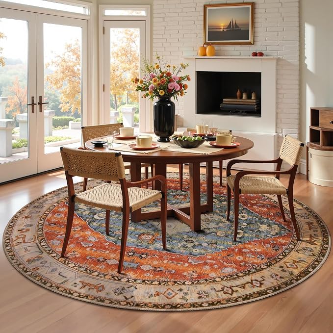 SERISSA 5ft Washable Non Slip Round Boho Area Rug for Bedroom | Ultra Soft Vintage Oriental Carpet Low-Pile Tribal Rust Circular Indoor Mat for Entryway Kids Room College Dorm Living Room
