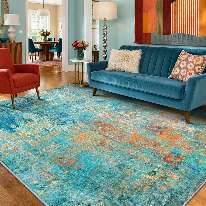 RELEANY Washable 9'x12' Abstract Area Rug for Living Room Teal Multi | Carpet for Bedroom, Kitchen, Office, Hallway and Entryway, Printed Pattern, Non‑Slip, Soft, Stain‑Resistant, Easy to Clean