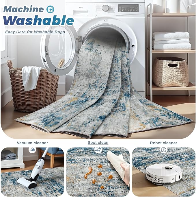 pmtsns Area Rugs 8x10 for Living Room: Washable Rug Modern Abstract Neutral Soft Non-Slip Low-Pile Indoor Large Carpet for Bedroom Dining Room Home Office Children's Room(BlueGreyGold, 8'x10')