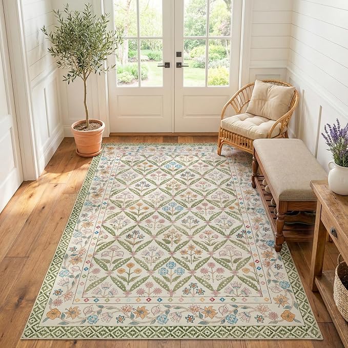 jinchan 5x7 Vintage Floral Washable Living Room Area Rug, Sage Green | Soft & Lightweight, Checkered Floral, Low Pile, Non Slip, Bedroom, Dining Room, Girls Room, Home Office, Cottage Decor