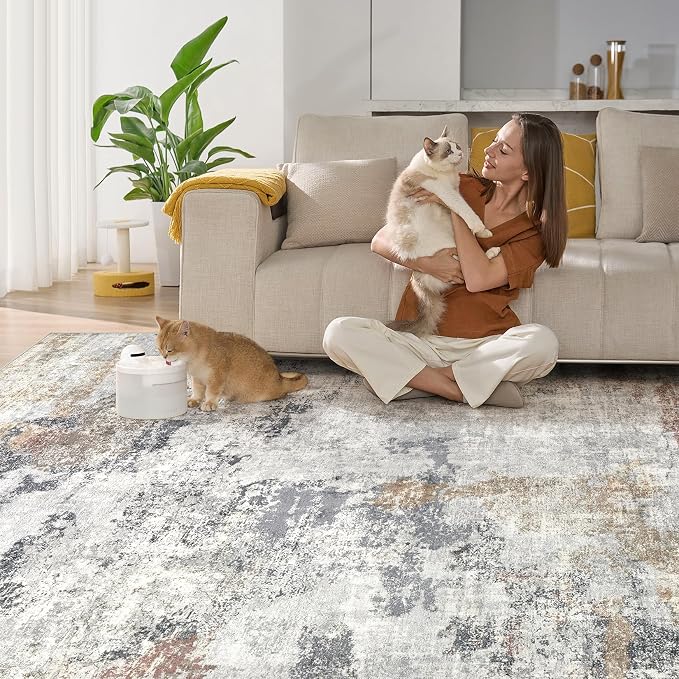 DMOYEST 10x14 Area Rug for Living Room Washable Abstract Indoor Carpet | Neutral Modern Low Pile Rugs Kid & Pet Friendly Large Soft Thin Carpet for Bedroom Dining Room - Grey/Orange/Yellow