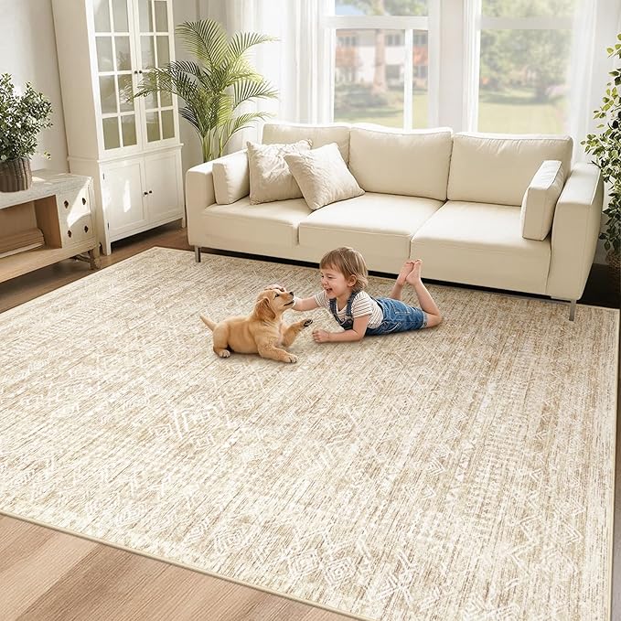 Washable Area Rug 5x7: Moroccan Rug for Living Room Geometric Boho Rug Farmhouse Non Slip Stain Resistant Rugs Low Pile Soft Carpet for Bedroom Dining Room Home Office Children Room (Beige,5'x7')