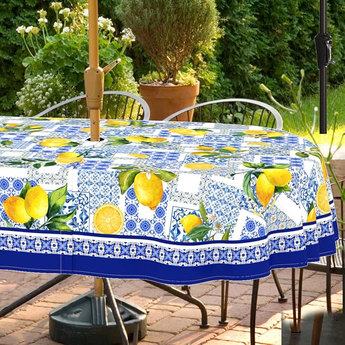 Outdoor Tablecloth with Umbrella Hole and Zipper, Oval Patio Table Covers for Spring/Summer, Machine Washable Outdoor Picnic Table Cloth (Mediterranean, 60" × 102" Oval)